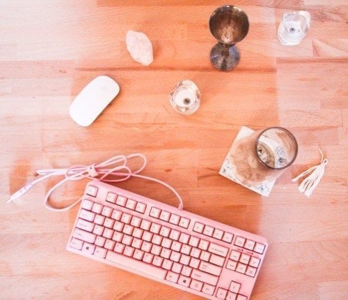 A photo of Samantha's pink keyboard on her desk.